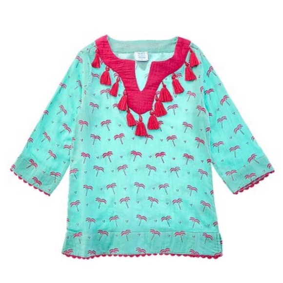 MER ST BARTH Kids Sz 6 Teal Tunic Top with Pink Flamingo Print and Pink Tassels - Picture 1 of 5